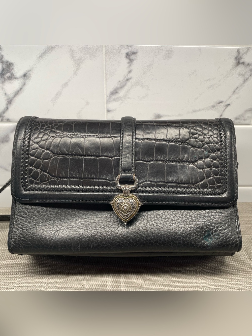 Brighton Black Croc-Embossed Crossbody Bag with Heart Charm